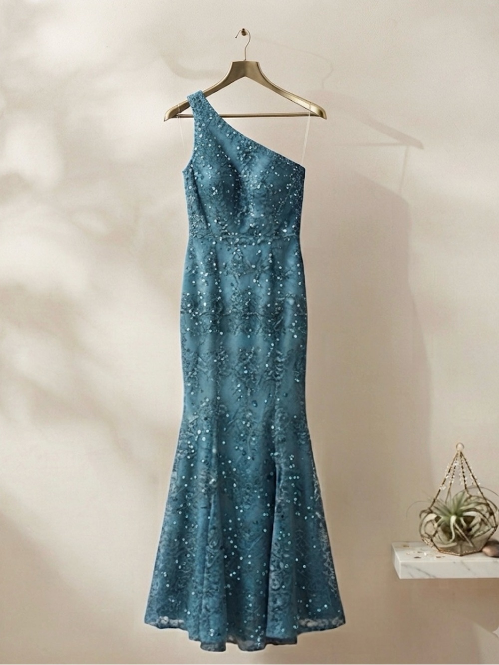 Jessica Howard Teal One-Shoulder Sequin Mermaid Gown